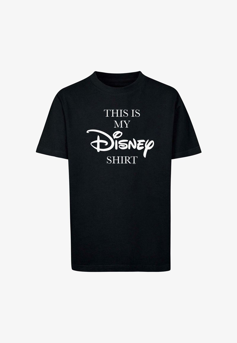 Black cotton T-shirt featuring white text that reads "THIS IS MY Disney SHIRT" in a mix of block and script fonts. Short sleeves and crew neck.