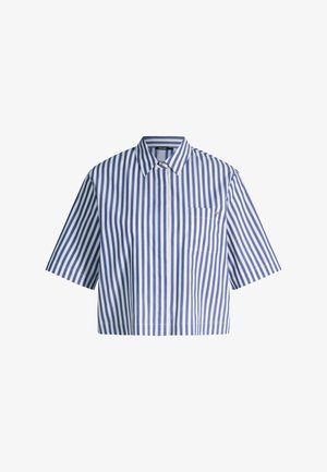 Chemise courte à manches courtes avec des rayures verticales bleues et blanches et une poche poitrine unique ornée d'un petit bouton décoratif.