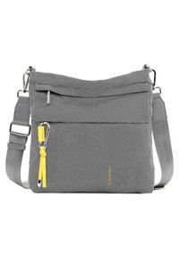Borsa a tracolla grigia realizzata in tessuto testurizzato, con tasca anteriore con zip, tracolla regolabile e un accento giallo sul cursore della zip.