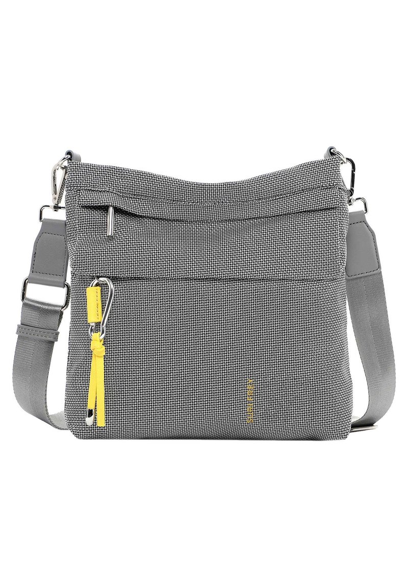 Borsa a tracolla grigia realizzata in tessuto testurizzato, con tasca anteriore con zip, tracolla regolabile e un accento giallo sul cursore della zip.