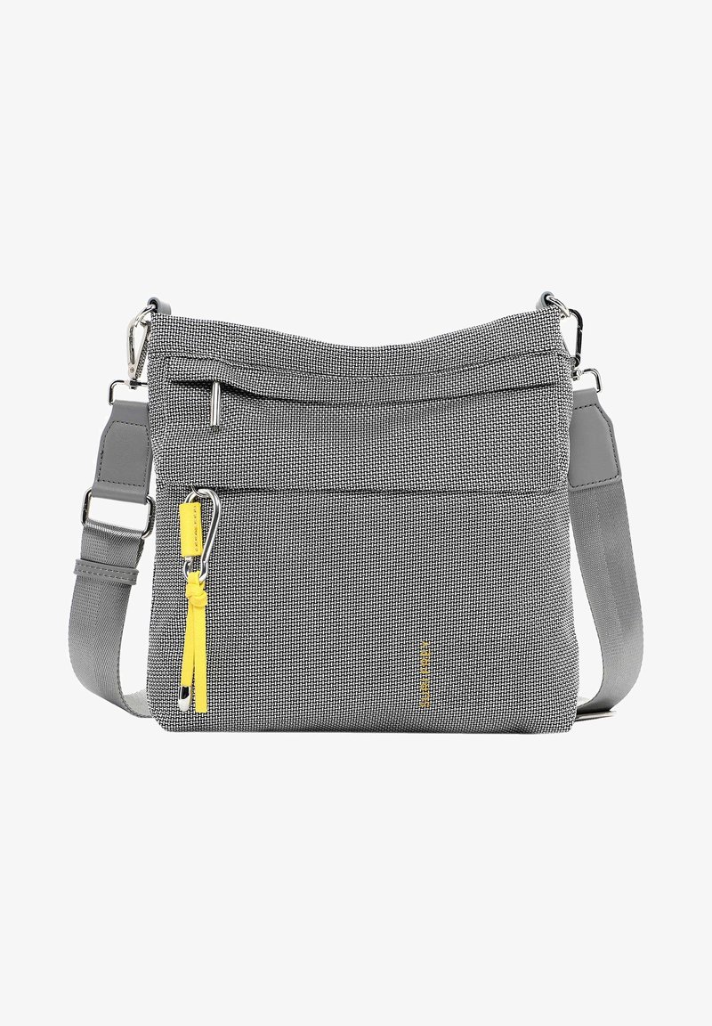 Borsa a tracolla grigia realizzata in tessuto testurizzato, con tasca anteriore con zip, tracolla regolabile e un accento giallo sul cursore della zip.