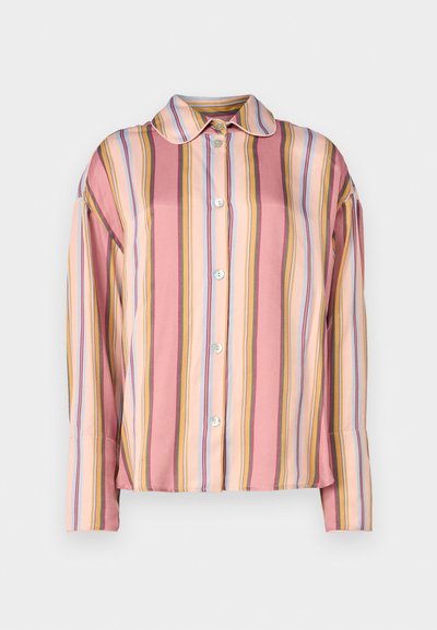 Button-up shirt in lightweight fabric with alternating vertical stripes in pink, peach, and blue. Features a collar and long sleeves.