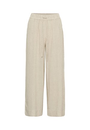 Pantalon beige à jambes larges avec fines rayures verticales, taille élastique et fermeture avant réglable par cordon.