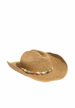 Helepruun kootud õlivaal päikesevarjukübar laia lebava äärega, kaunistatud mitmevärviliste helmeste ribaga krooni aluses.