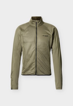 Olivno zelena Columbia Titanium prehodna jakna z zadrgo po celi dolžini, lahka, z mrežastim materialom in dolgimi rokavi, zasnovana za aktivnosti na prostem.