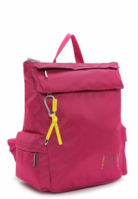 Pink backpack made of textured fabric, featuring a zippered top, front pocket, yellow keychain detail, and black hardware accents.