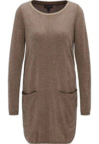 Robe pull en tricot marron avec manches longues, encolure ronde accentuée par une bordure texturée, et deux poches avant. Tissu doux, longueur au genou.