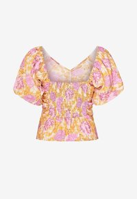 Blumenbluse mit Puffärmeln, gelb- und rosa Blumenmuster, gerafftem Oberteil, tiefem V-Ausschnitt, leichtem Stoff und rüschensaum.