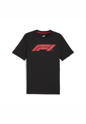 T-shirt noir en coton avec un logo d'équipe de Formule 1 rouge bien en vue sur le devant. Manches courtes et encolure ronde. Accents rouges sur le col.