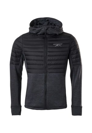 Czarna i ciemnoszara kurtka na zamek z wyściełanym przodem, kapturem i logo „Swedemount” na lewej piersi, długimi rękawami i dwoma przednimi kieszeniami.