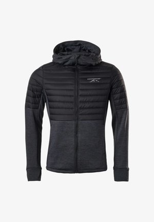 Zwarte en donkergrijze jas met rits, gevoerde borst, capuchon en "Swedemount" logo op de linkerborst, lange mouwen en twee voorzakken.