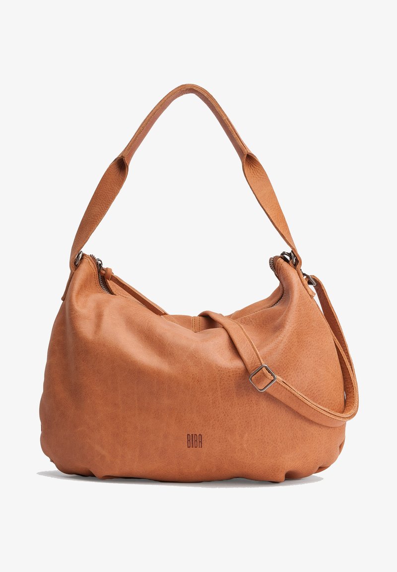 Ruskean nahkainen olkalaukku pehmeällä ja pyöreällä muotoilulla, säädettävällä hihnalla, vetoketjulla ja kohokuvioidulla logo-yksityiskohdalla.