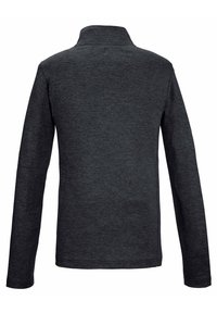 Langärmliges Shirt aus dunkelgrauem Stoff, mit hohem Kragen und glatter Textur. Durchgehendes Rückendesign ohne sichtbare Nähte oder Verzierungen.