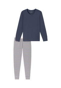 Maglia a maniche lunghe blu navy con scollatura rotonda abbinata a leggings a righe crema e blu navy, caratterizzati da una texture morbida e una vita elasticizzata.