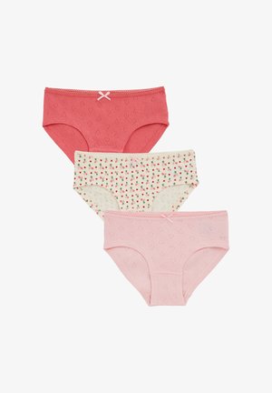 Tri para dekliških spodrčk: en rožnate barve s srčkimi vzorci, en kremaste barve z jagodnim potiskom in en svetlo rožnate barve s srčkimi vzorci.