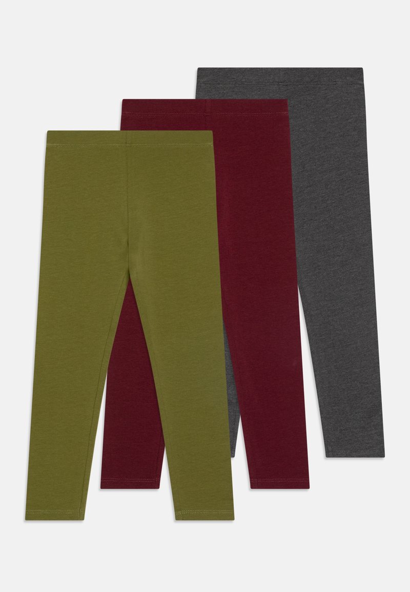 Három pár leggings olíva zöld, bordó és sötétszürke színben. Puha anyagból készült, fitted dizájnnal és rugalmas derékpánttal.