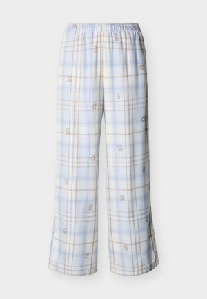 Jasnoniebieskie spodnie w kratę o luźnym kroju, z ściągaczem w talii oraz haftowanymi motywami małych misiów na całej powierzchni.