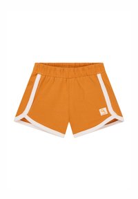 Shorts orange avec taille élastique, accents blancs sur les côtés et un petit logo brodé à l'avant. Tissu en coton doux.