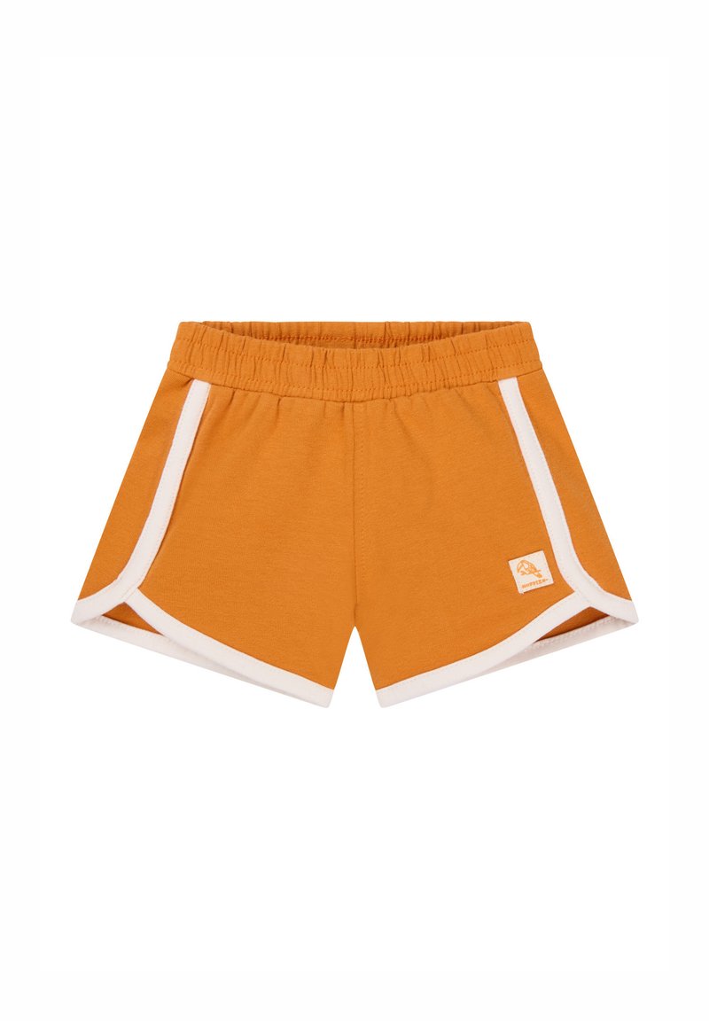 Shorts orange avec taille élastique, accents blancs sur les côtés et un petit logo brodé à l'avant. Tissu en coton doux.