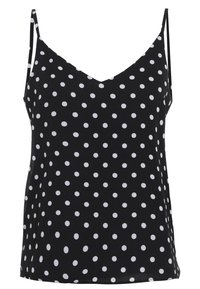Svart ärmlös topp med vita prickar, tunna justerbara axelremmar och V-ringning.