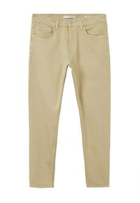 Beige slim-fit farkut, jotka on valmistettu puuvillasekoitekankaasta. Ominaisuuksiin kuuluvat viisi taskua, etupainike suljenta ja sileä, tasainen pinta.