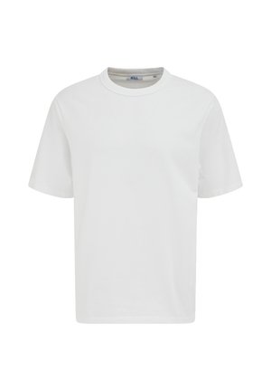 T-shirt en coton blanc avec un col rond, des manches courtes, une coupe décontractée, sans motifs ni graphiques. Texture lisse avec des coutures standard.