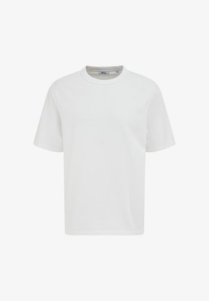 Bela bombažna majica z okroglim izrezom, kratkimi rokavi, sproščenim krojem in brez vzorcev ali grafik. Gladek tekstura s standardnimi šivi.