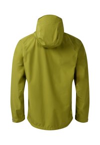 Green waterproof jacket with hood, long sleeves, and adjustable cuffs shown from the back on a white background.