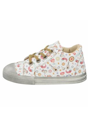 White high-top sneaker with brown laces and colorful musical instrument and flower patterns, gray rubber sole and toe cap.