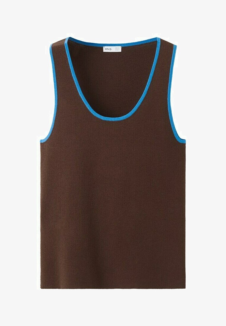 Débardeur marron en tricot sans manches avec un bord bleu vif autour de l'encolure et des emmanchures.