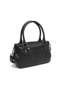 Zwarte leren handtas met twee handgrepen, zilverkleurige hardware en een ritscompartiment. Heeft een gestructureerde vorm en een soepele textuur.