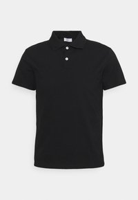 Polo noir en coton, avec un col, des manches courtes et trois boutons au cou. Logo discret sur la poitrine.