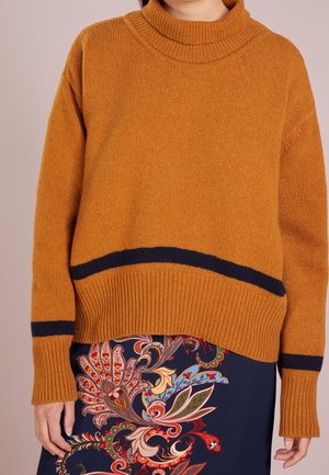 Une personne porte un pull à col roulé marron avec des rayures horizontales foncées et une jupe bleu marine avec un motif floral coloré.