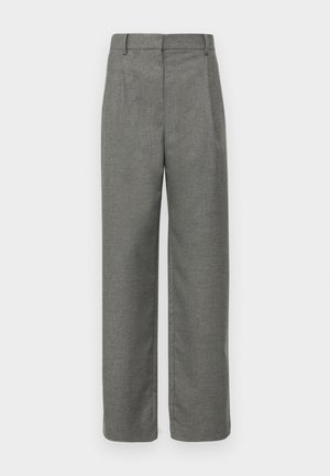 Szürke, szabott nadrág texturált anyagból, sima elülső résszel, övhurkokkal és széles lábbal. Nincs látható zseb vagy díszítés.