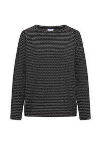 Maglione a maniche lunghe in bianco e nero con collo rotondo e tessuto texture. Presenta un design a maglia uniforme su tutta la superficie.