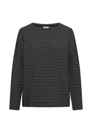Maglione a maniche lunghe in bianco e nero con collo rotondo e tessuto texture. Presenta un design a maglia uniforme su tutta la superficie.