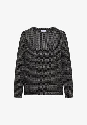 Černobílý vzorovaný svetr s dlouhým rukávem, kulatým výstřihem a texturovanou tkaninou. Obsahuje rovnoměrný pletený design po celé délce.