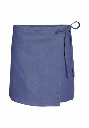 Gonna a portafoglio blu con chiusura laterale a fiocco, realizzata in tessuto leggero, con un orlo leggermente asimmetrico.