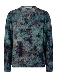 Blusa da donna a maniche lunghe con motivo astratto floreale e a griglia blu e beige, scollatura rotonda e patta con bottoni frontale.