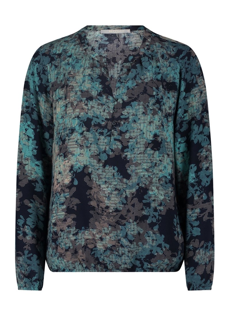 Blusa da donna a maniche lunghe con motivo astratto floreale e a griglia blu e beige, scollatura rotonda e patta con bottoni frontale.