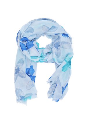 Sciarpa azzurro chiaro con motivi floreali in diverse sfumature di blu e teal. Realizzata in tessuto morbido, presenta bordi sfilacciati.