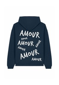 Felpa navy con cappuccio regolabile e stampa "AMOUR" in diverse orientamenti e dimensioni in bianco sul retro.
