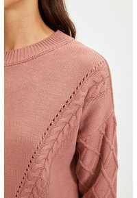 Rosa gestrickter Pullover mit einem gerippten Rundhalsausschnitt, Zopfmuster-Akzenten auf einer Schulter und einem strukturierten Webmuster entlang der Ärmel.
