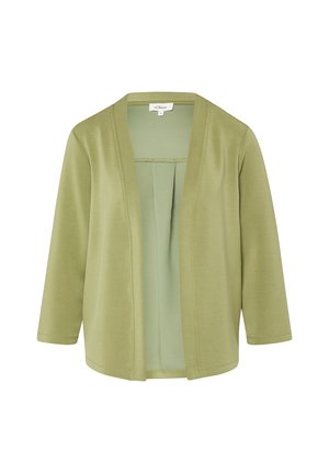 Licht olijfgroene open voorkant cardigan met lange mouwen, een ontspannen pasvorm en een subtiel naaddetail langs de randen.