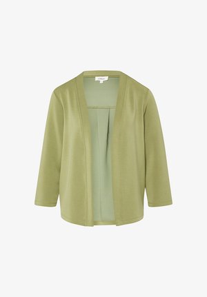 Licht olijfgroene open voorkant cardigan met lange mouwen, een ontspannen pasvorm en een subtiel naaddetail langs de randen.