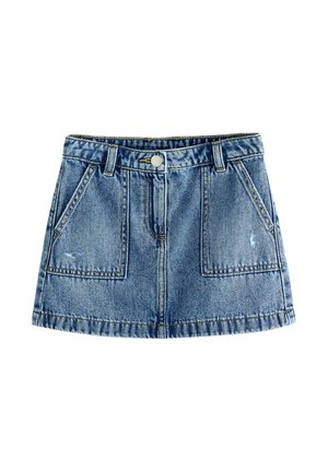 Mini jupe en denim bleu clair avec une coupe droite, deux poches avant et des détails à ourlet effiloché. Dotée d'une fermeture à bouton et de passants de ceinture.