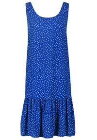 Robe sans manches bleue avec des pois blancs, encolure froncée et ourlet volanté en bas. Tissu doux avec une texture lisse.