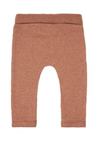 Ribbad, mjuk bomullsleggings i en dämpad terracottafärg, med en elastisk midja och muddar vid anklarna för en snug passform.