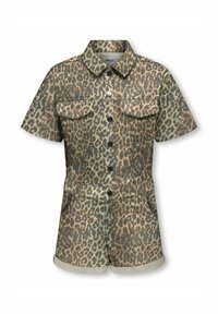 Jumpsuit court imprimé léopard avec un col, des manches courtes et des poches poitrine. Il dispose d'une fermeture à boutons et de shorts à revers.