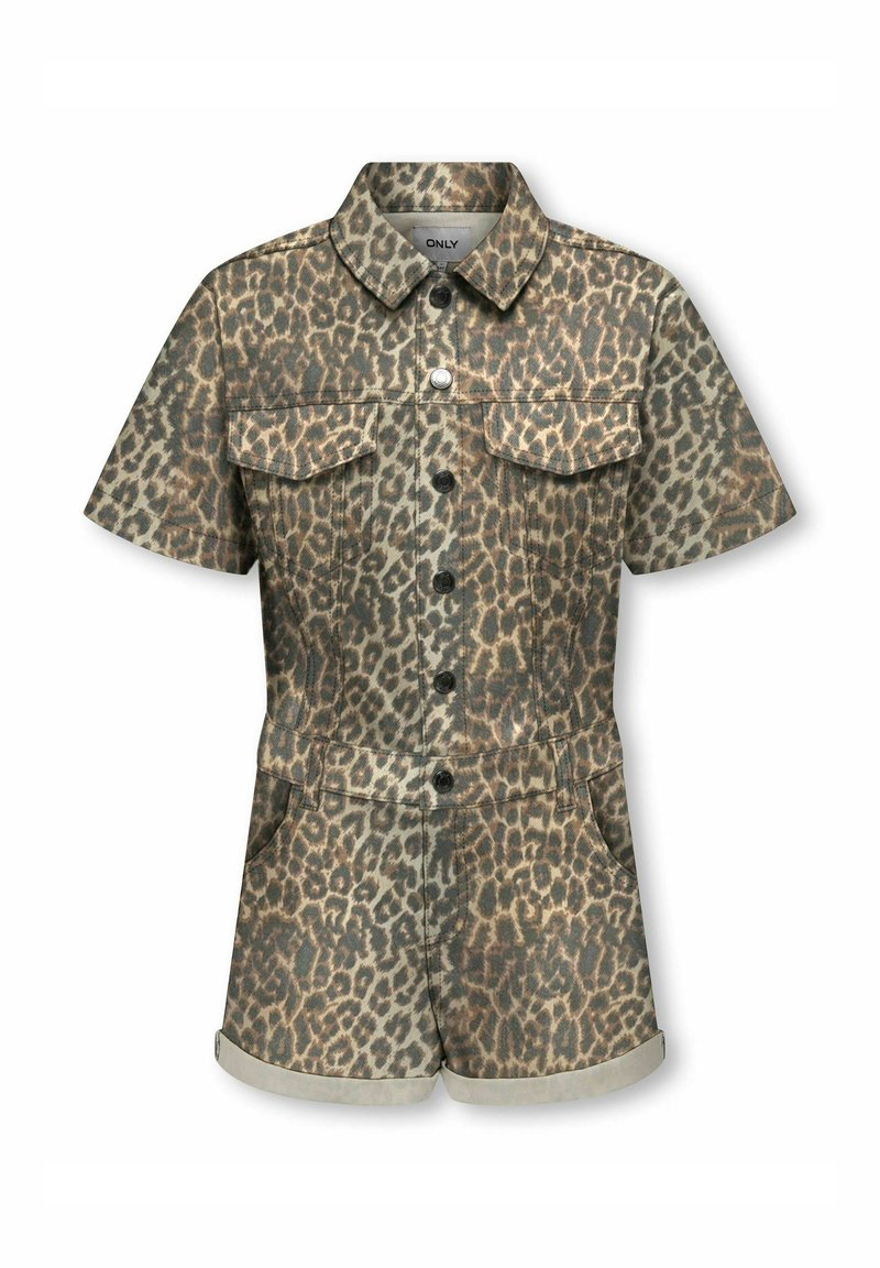 Jumpsuit court imprimé léopard avec un col, des manches courtes et des poches poitrine. Il dispose d'une fermeture à boutons et de shorts à revers.